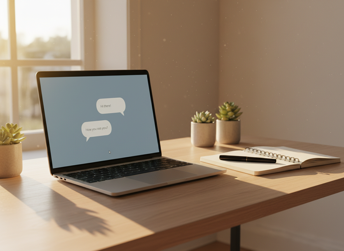 Laptop showing a chat interface with a notebook nearby