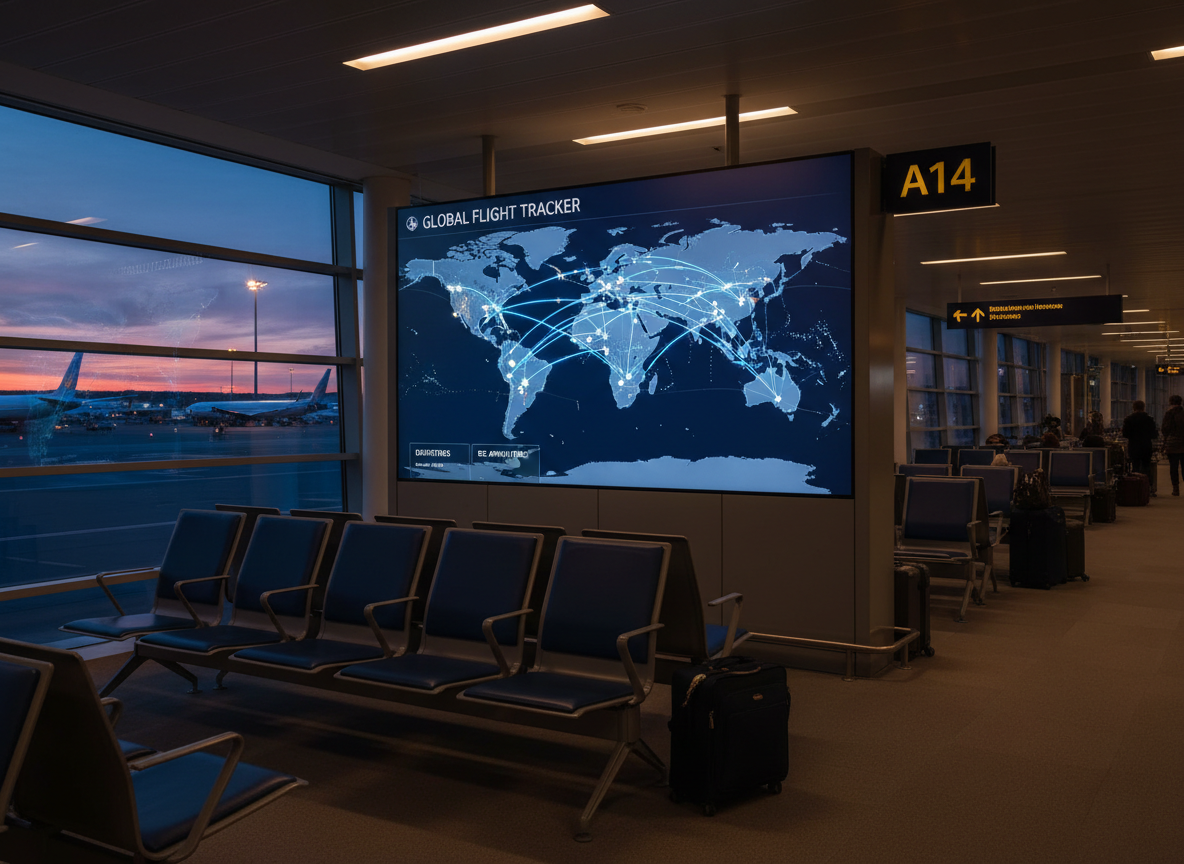 Airport departure area with a flight tracker screen showing world routes