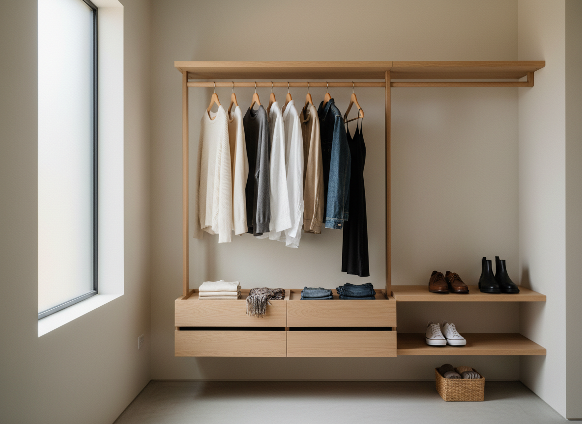Minimalist closet with a small capsule wardrobe of folded clothes