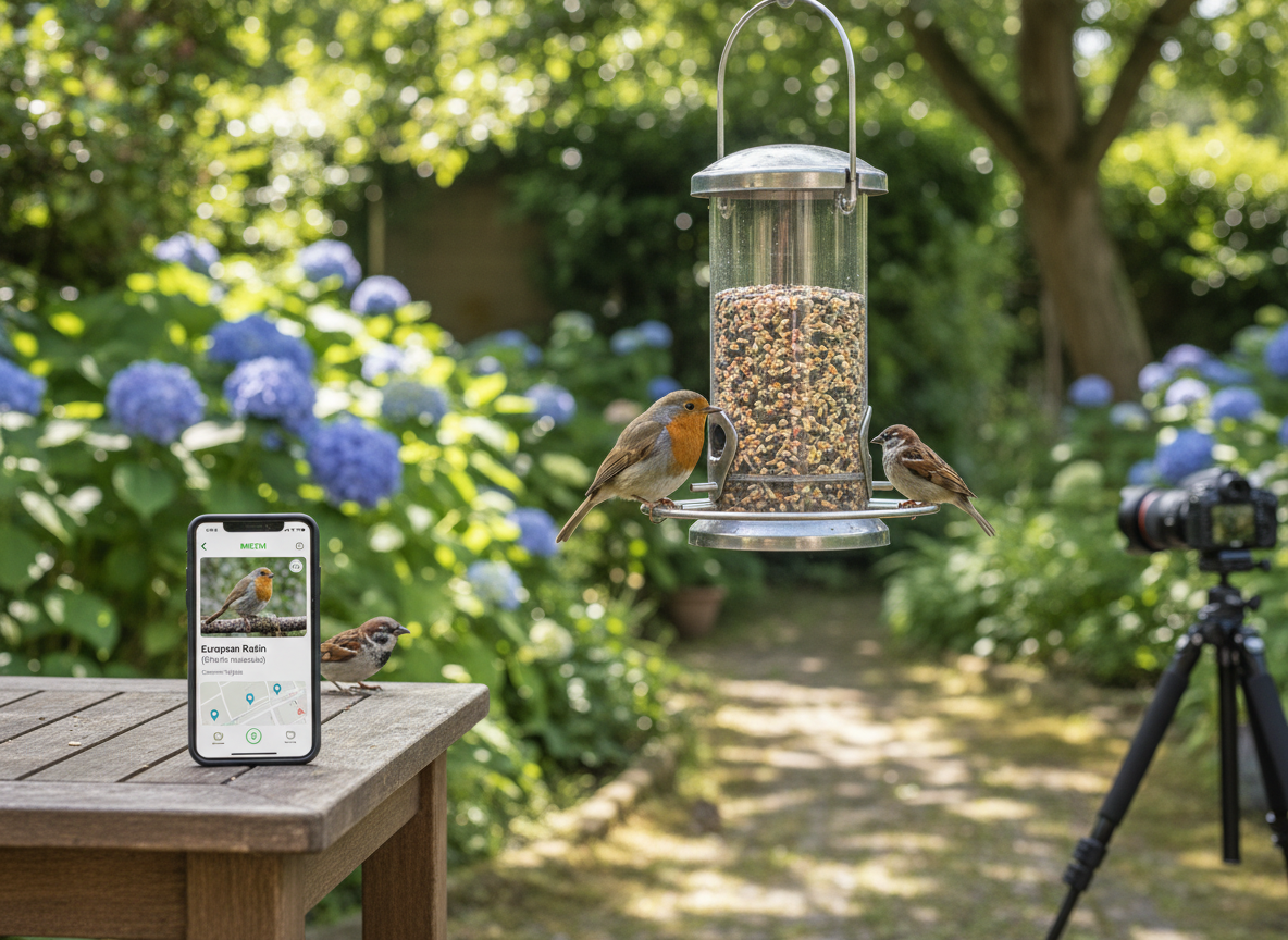 Backyard bird feeder with a phone showing a bird identification app