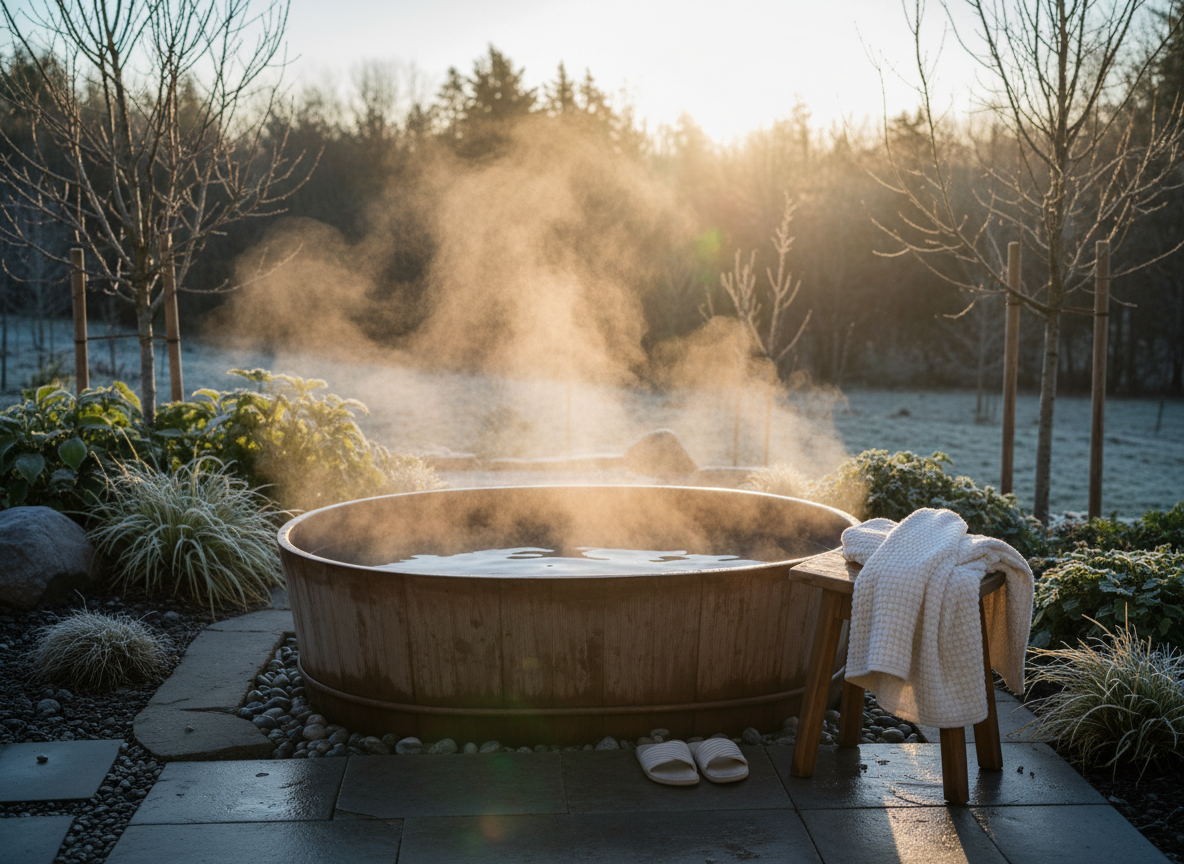 Cold plunge tub outdoors in a backyard on a cool morning