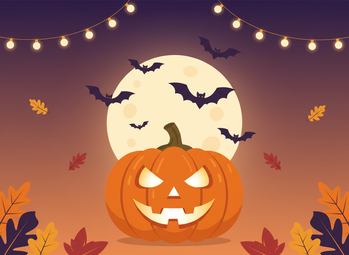 Editorial Halloween illustration: a carved pumpkin, bat silhouettes, autumn leaves, string lights, clean modern flat design, orange and deep purple tones, no text, no people, no logos, no real characters