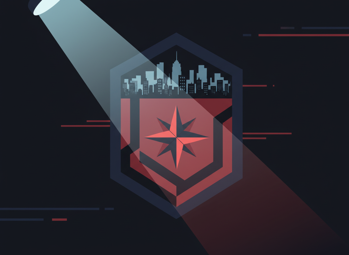 Editorial TV drama illustration: a tactical badge/shield icon, a city skyline silhouette, a spotlight beam, clean modern flat design, dark blue and red tones, no text, no logos, no real people or franchises