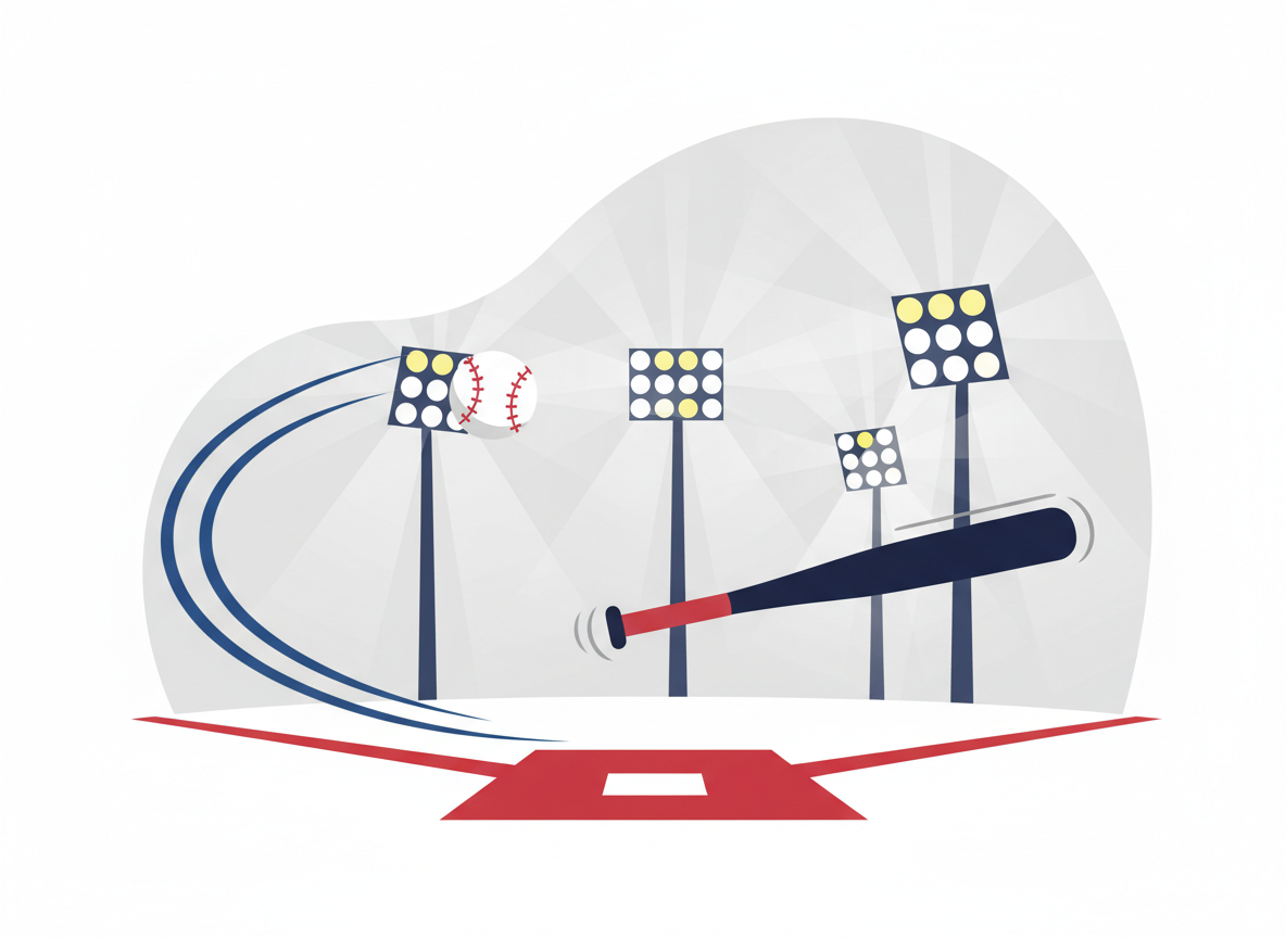 Editorial baseball illustration: a baseball with motion lines, a bat, home plate, stadium lights, clean modern flat design, navy and red tones, no text, no logos, no real team branding, no people