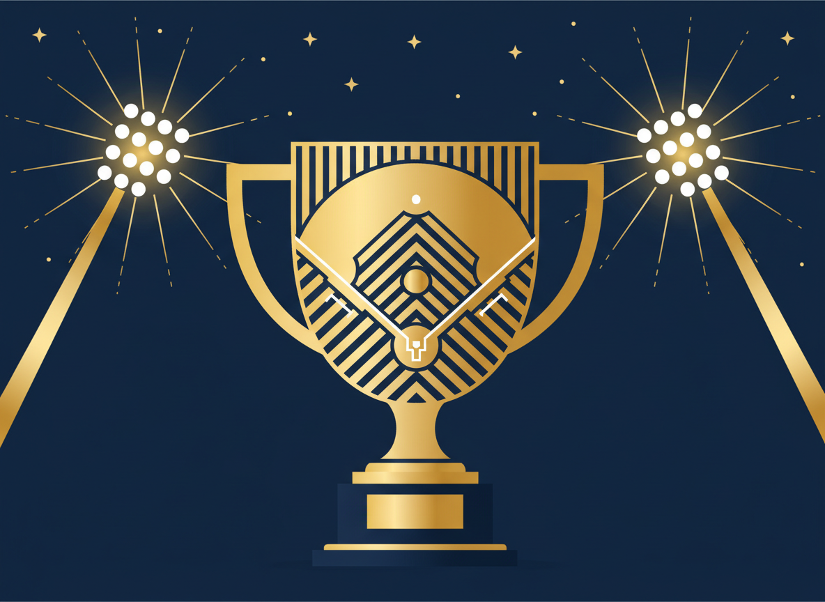 Editorial baseball illustration: a trophy silhouette, a baseball diamond field pattern, stadium lights, clean modern flat design, navy and gold tones, no text, no logos, no real team branding, no people