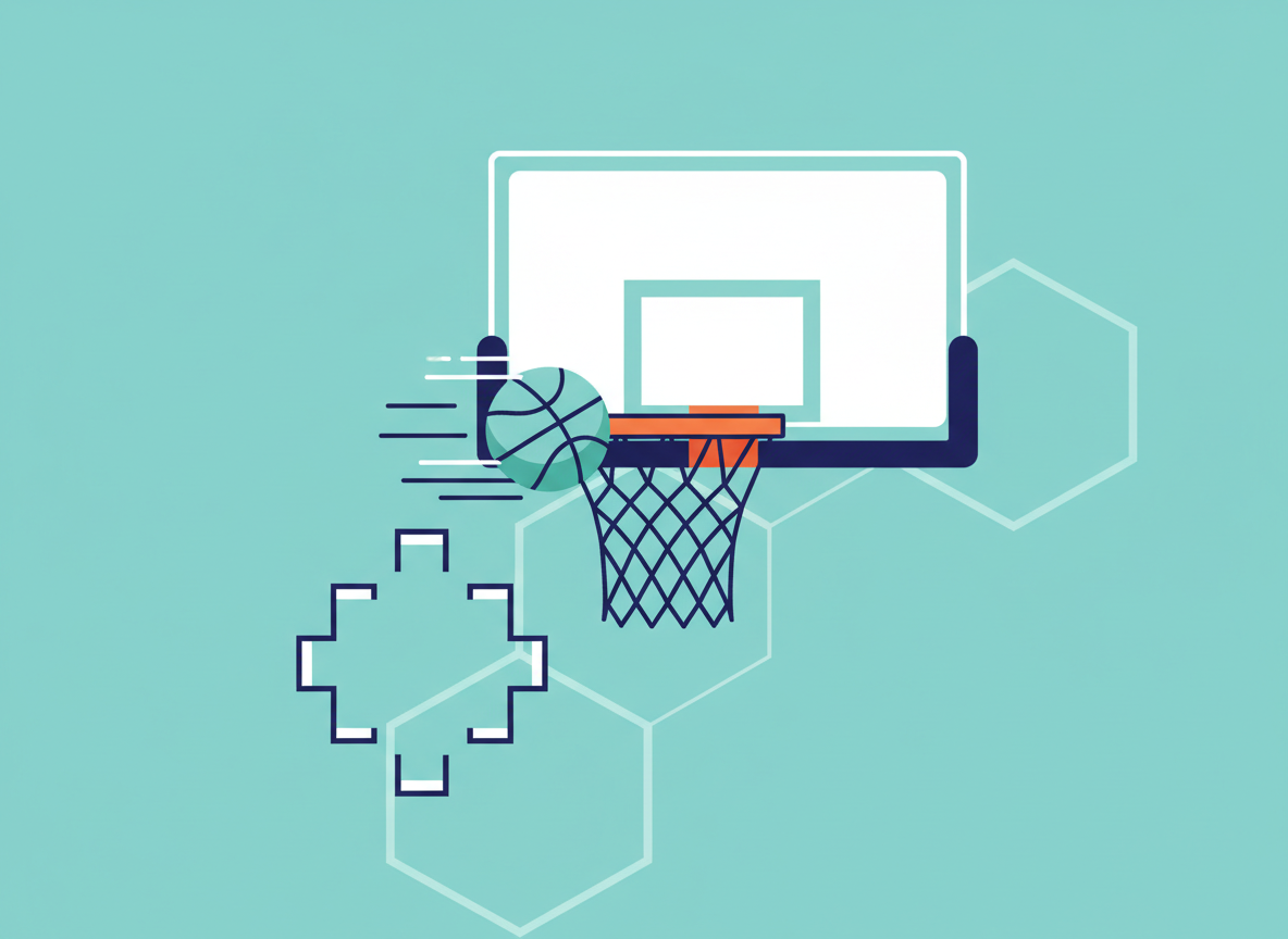 Editorial basketball illustration: a basketball net with ball swishing through, a playoff bracket icon, clean modern flat design, teal and navy tones, no text, no logos, no real team branding, no people