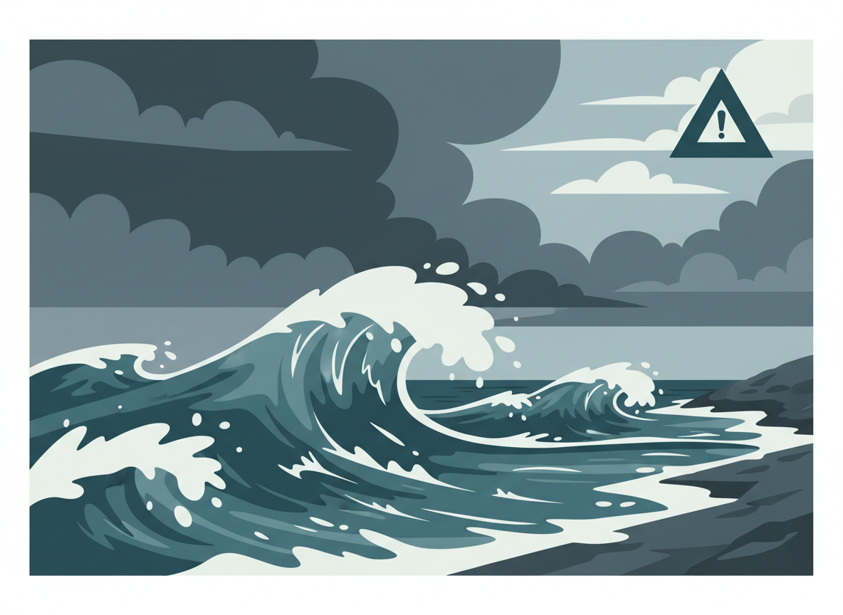 Editorial coastal storm illustration: ocean waves crashing near a shoreline, storm clouds, a wind warning flag icon, clean modern flat design, deep teal and gray tones, no text, no logos, no people
