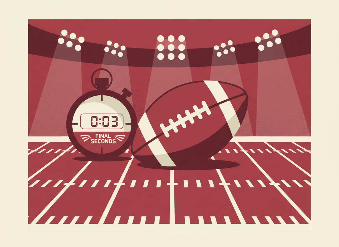 Editorial college football illustration: a football on a yard-line field, a stopwatch showing final seconds, stadium lights, clean modern flat design, crimson and cream tones, no text, no logos, no real team branding, no people