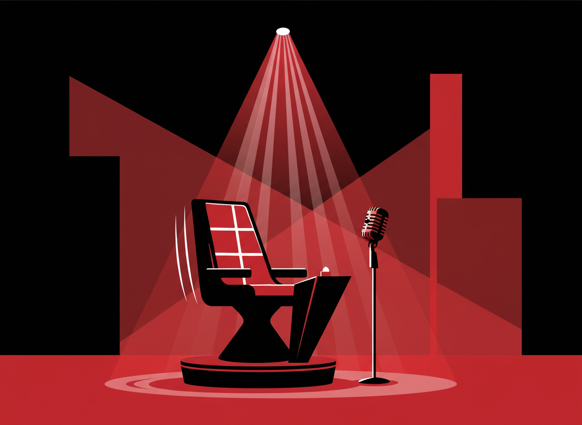Editorial entertainment illustration: a spinning talent show chair silhouette, a microphone, stage spotlight, clean modern flat design, red and black tones, no text, no logos, no real people