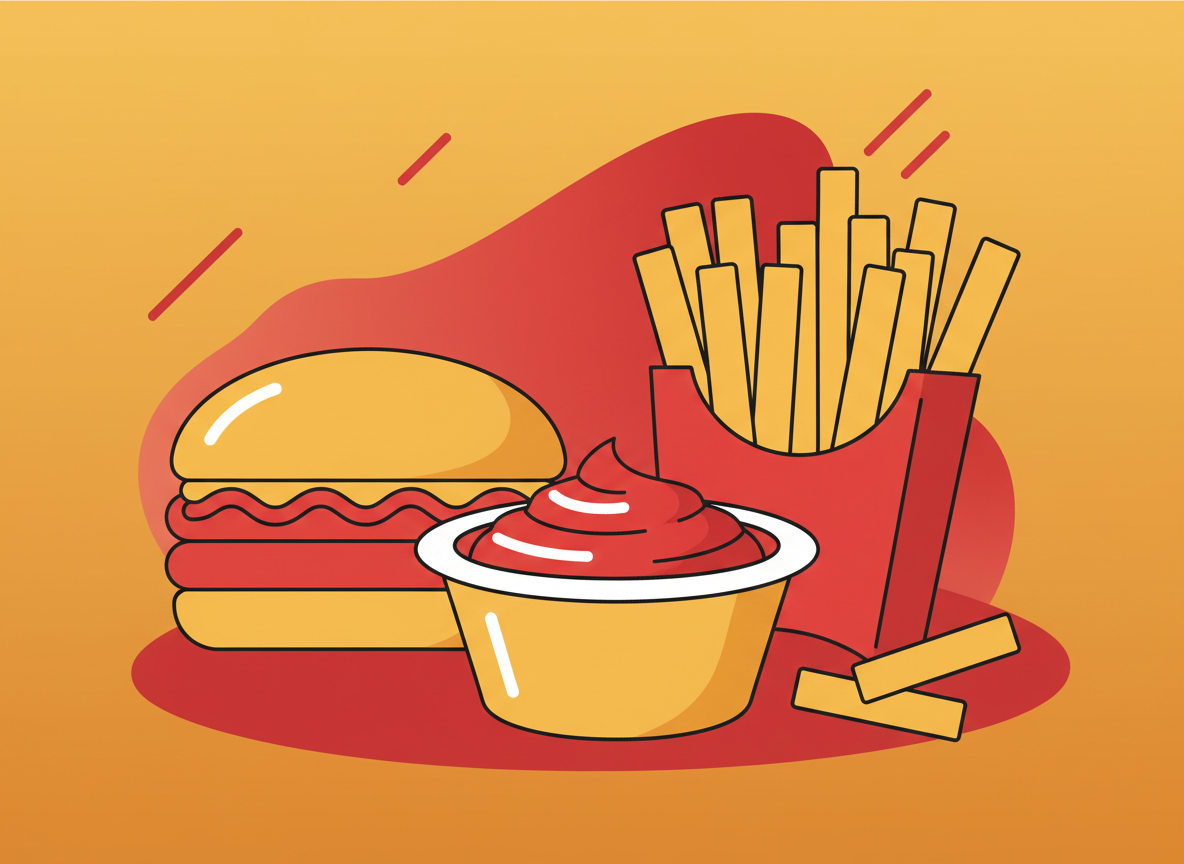 Editorial fast food illustration: a sauce dipping cup, a burger and fries icon, clean modern flat design, golden yellow and red tones, no text, no logos, no real brand marks