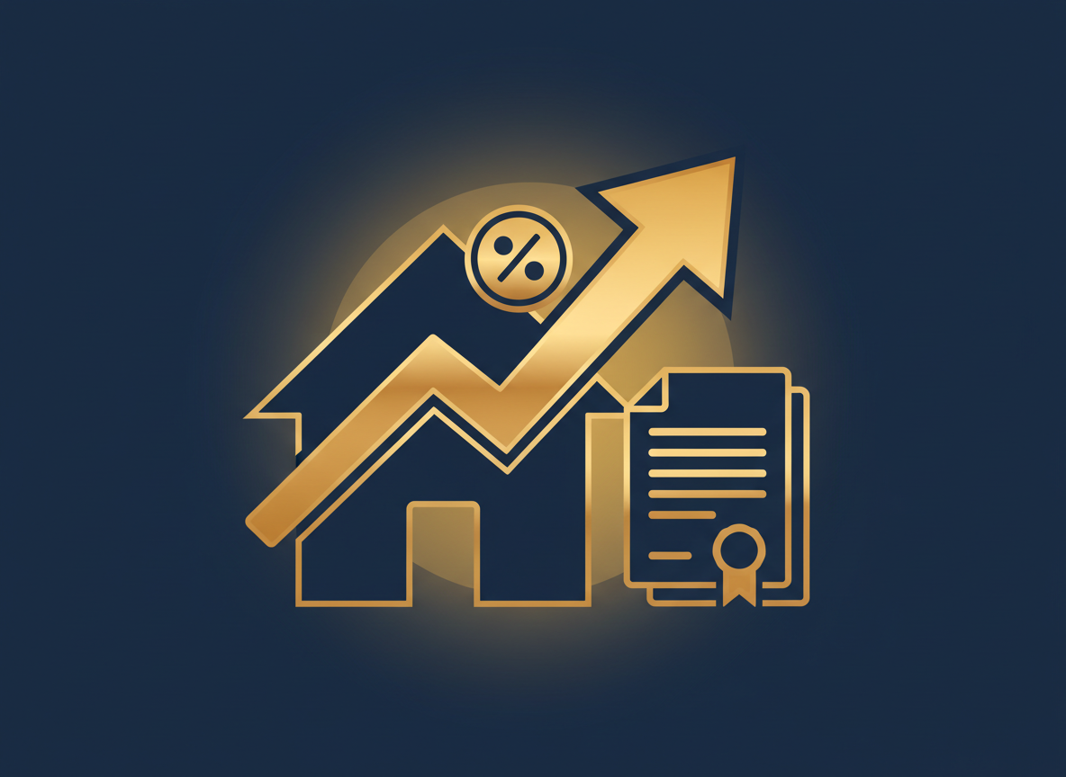 Editorial finance illustration: a house silhouette with an upward-trending percentage arrow, a mortgage document icon, clean modern flat design, navy and gold tones, no text, no logos, no people