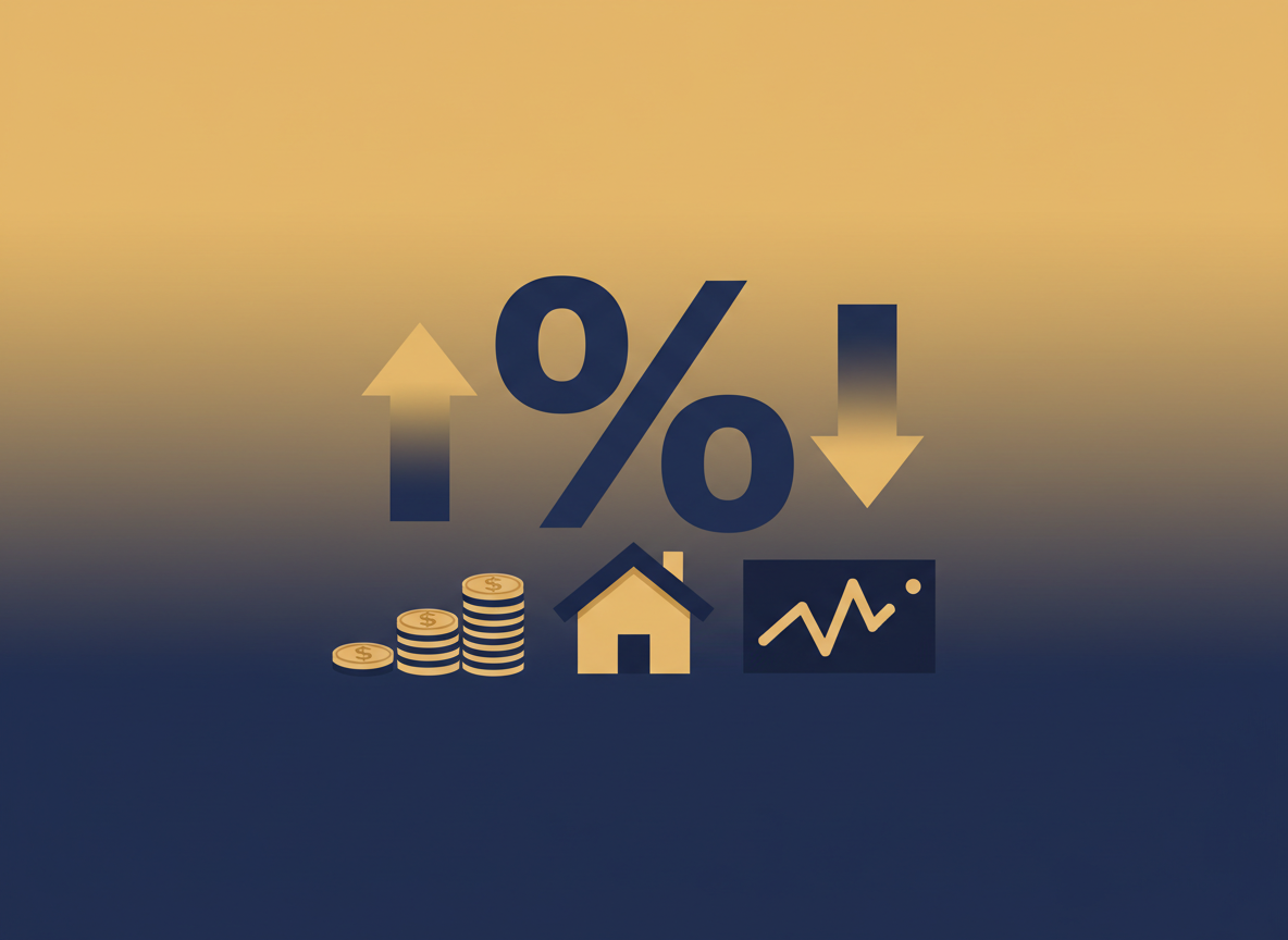 Editorial finance illustration: a percentage symbol, an upward and downward arrow, a small house icon representing mortgages, coins and a graph line, clean modern flat corporate style, navy and gold tones, no text, no people, no logos
