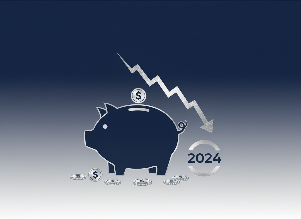 Editorial finance illustration: a piggy bank with a declining line graph, a calendar year marker, coins, clean modern flat design, navy and silver tones, no text, no logos, no people