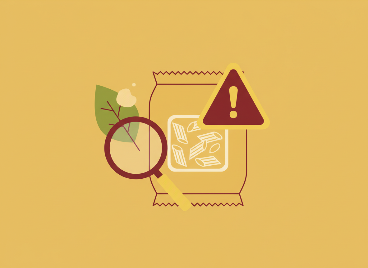 Editorial food safety illustration: a pasta package icon with a warning triangle, a magnifying glass over food, clean modern flat design, yellow and dark red tones, no text, no logos, no real brand marks