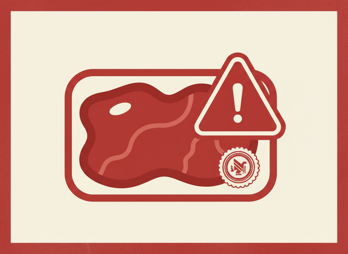 Editorial food safety illustration: raw meat packaging icon with a warning triangle, a USDA-style inspection stamp symbol, clean modern flat design, deep red and cream tones, no text, no logos, no real brand marks