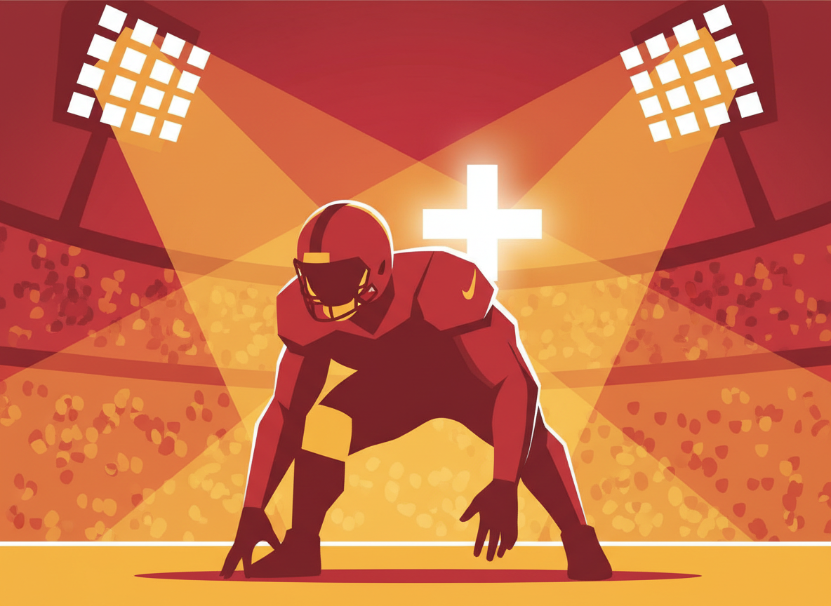 Editorial football illustration: a defensive lineman silhouette in a three-point stance, a medical recovery cross icon, stadium lights, clean modern flat design, red and gold tones, no text, no logos, no real team branding, no real people