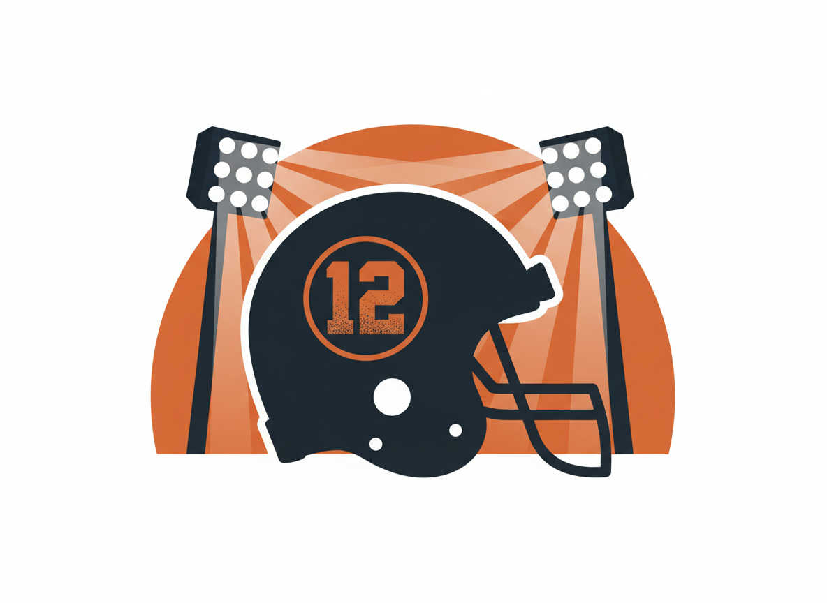 Editorial football illustration: a football helmet silhouette, a veteran player number icon, stadium lights, clean modern flat design, orange and black tones, no text, no logos, no real team branding, no real people