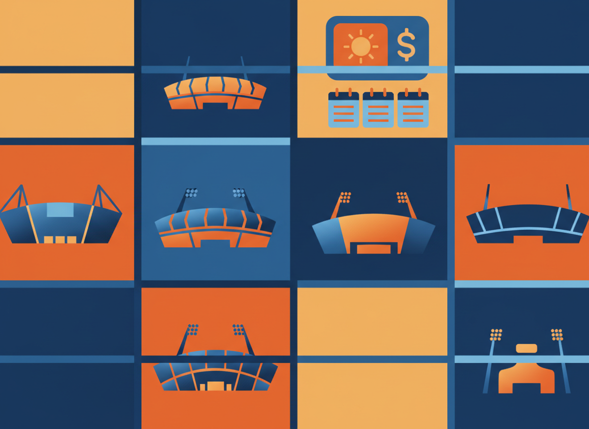 Editorial football illustration: a football schedule grid icon, multiple stadium silhouettes, a Sunday calendar marker, clean modern flat design, blue and orange tones, no text, no logos, no real team branding, no people