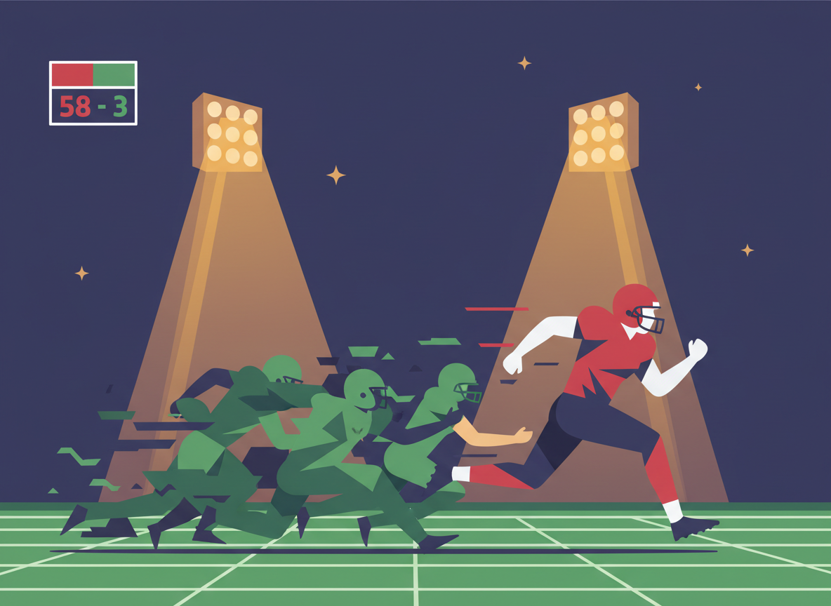 Editorial football illustration: a running back breaking a big gain under Thursday night stadium lights, a lopsided scoreboard icon, clean modern flat design, red and green tones, no text, no logos, no real team branding, no real people