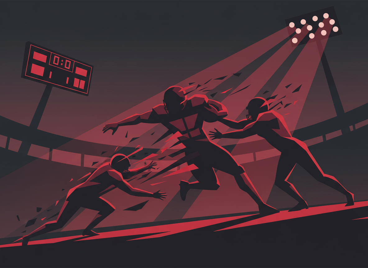 Editorial football illustration: a running back silhouette breaking through a tackle, a scoreboard icon, Thursday night stadium lights, clean modern flat design, red and black tones, no text, no logos, no real team branding, no real people