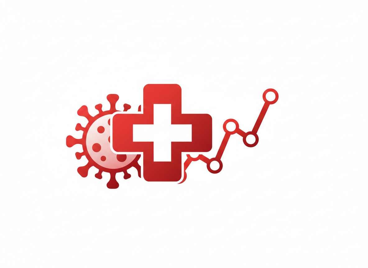 Editorial health illustration: a virus particle icon, a medical cross symbol, a rising line chart, clean modern flat design, red and white medical tones, no text, no logos, no people
