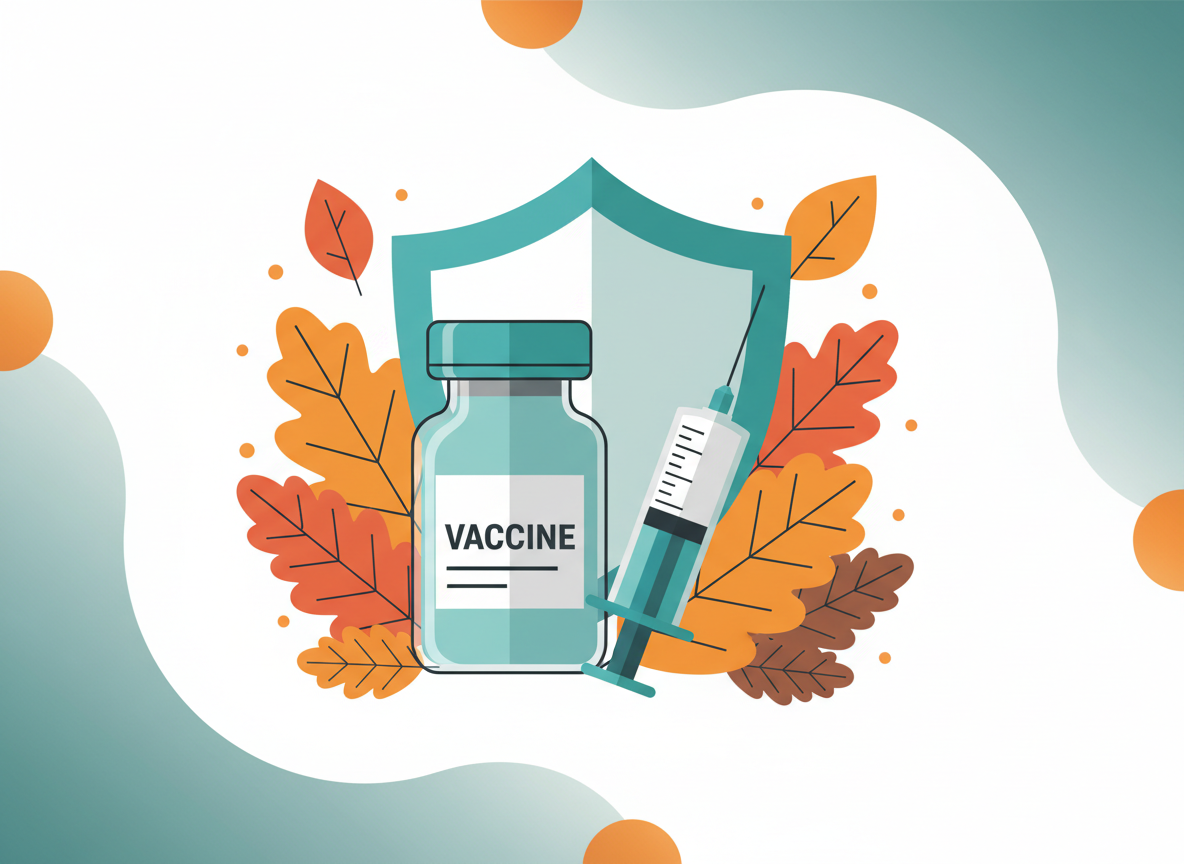 Editorial health illustration for flu season: a vaccine vial and syringe icon, autumn leaves, a shield symbol representing immunity, clean modern flat medical design, teal and orange tones, no text, no people, no logos