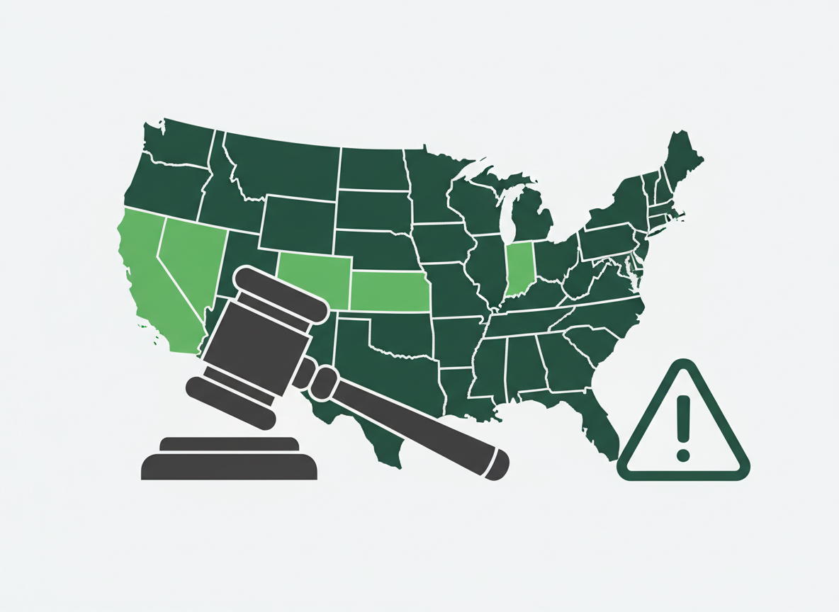 Editorial health policy illustration: a gavel, a map of the United States with a few highlighted states, a warning label icon, clean modern flat design, deep green and gray tones, no text, no logos, no people