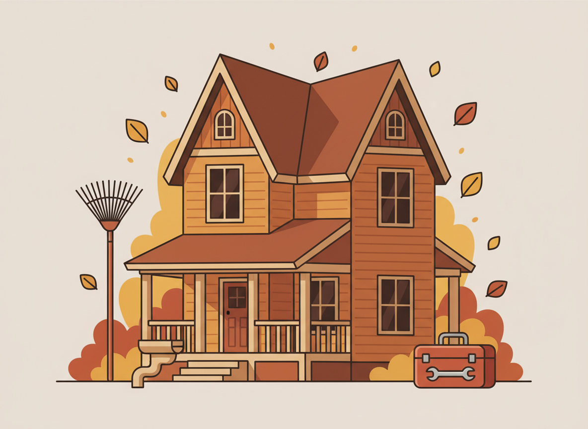 Editorial home illustration: a cozy house exterior with a rake, gutter, and toolbox icon nearby, autumn leaves scattered, clean flat design, warm brown and rust tones, no text, no people, no logos