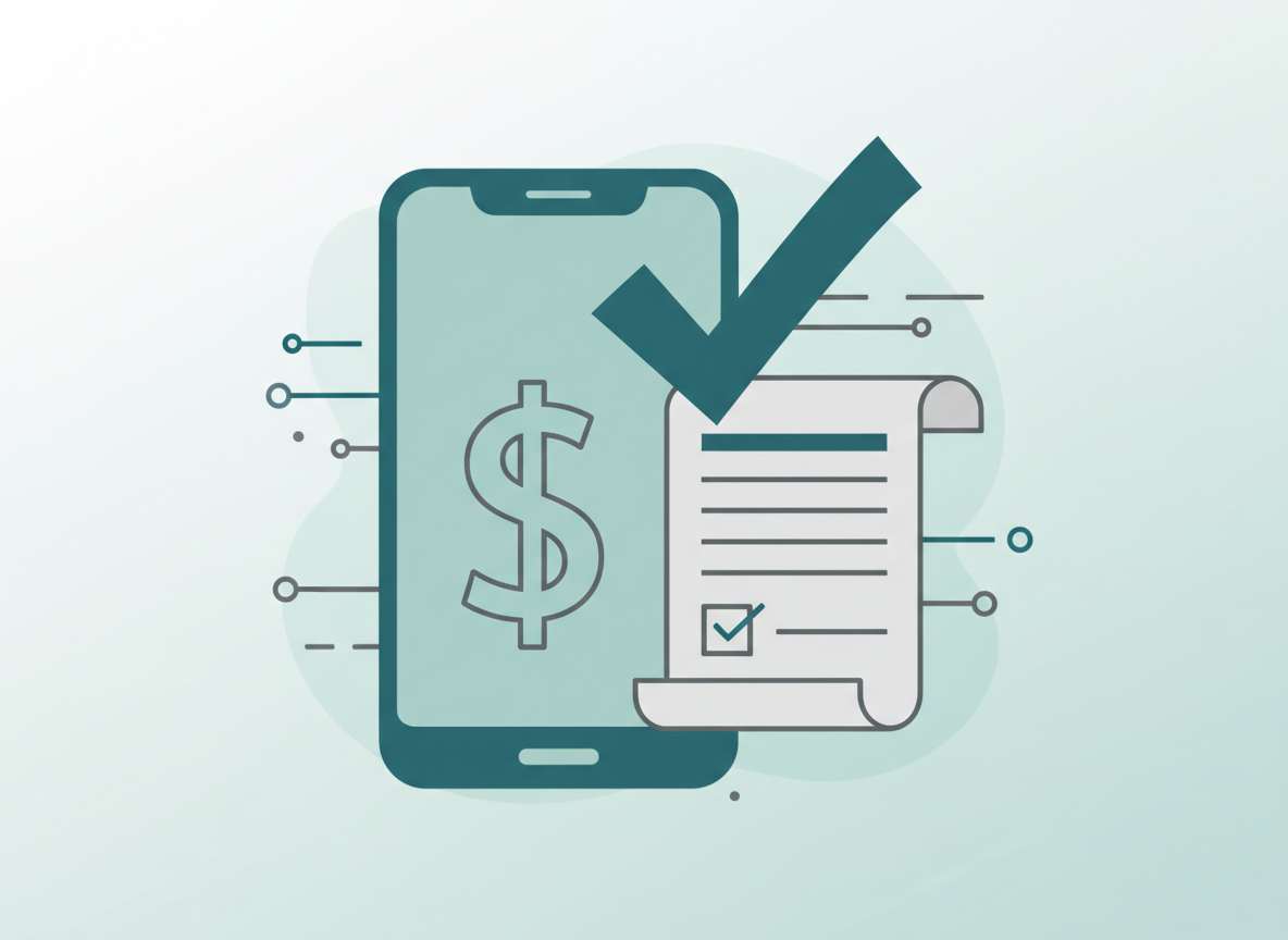Editorial illustration for a class action settlement: a smartphone icon, a dollar sign, a legal document with a checkmark, clean modern flat design, teal and gray tones, no text, no logos, no real brand marks