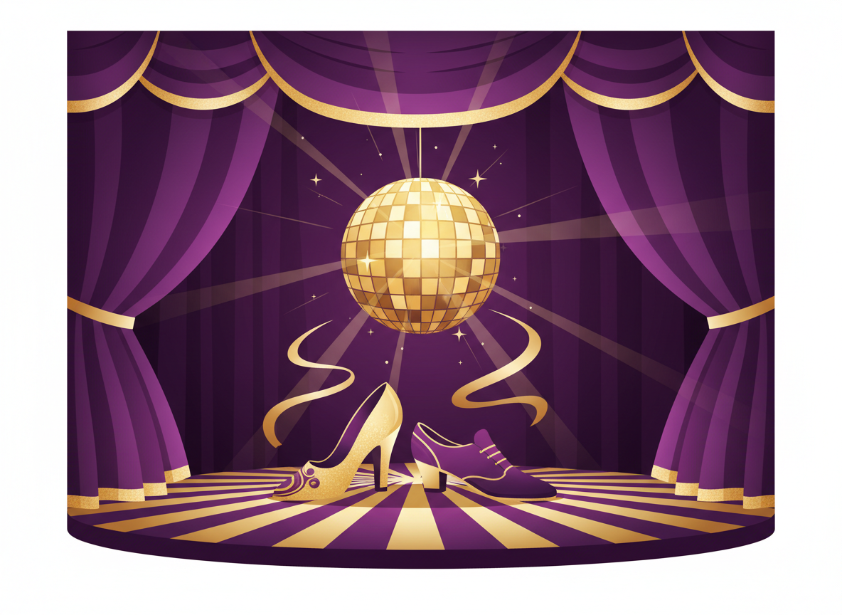 Editorial illustration for a dance competition show: a glittering disco ball, dance shoes, stage curtains, clean modern flat design, gold and deep purple tones, no text, no logos, no real people