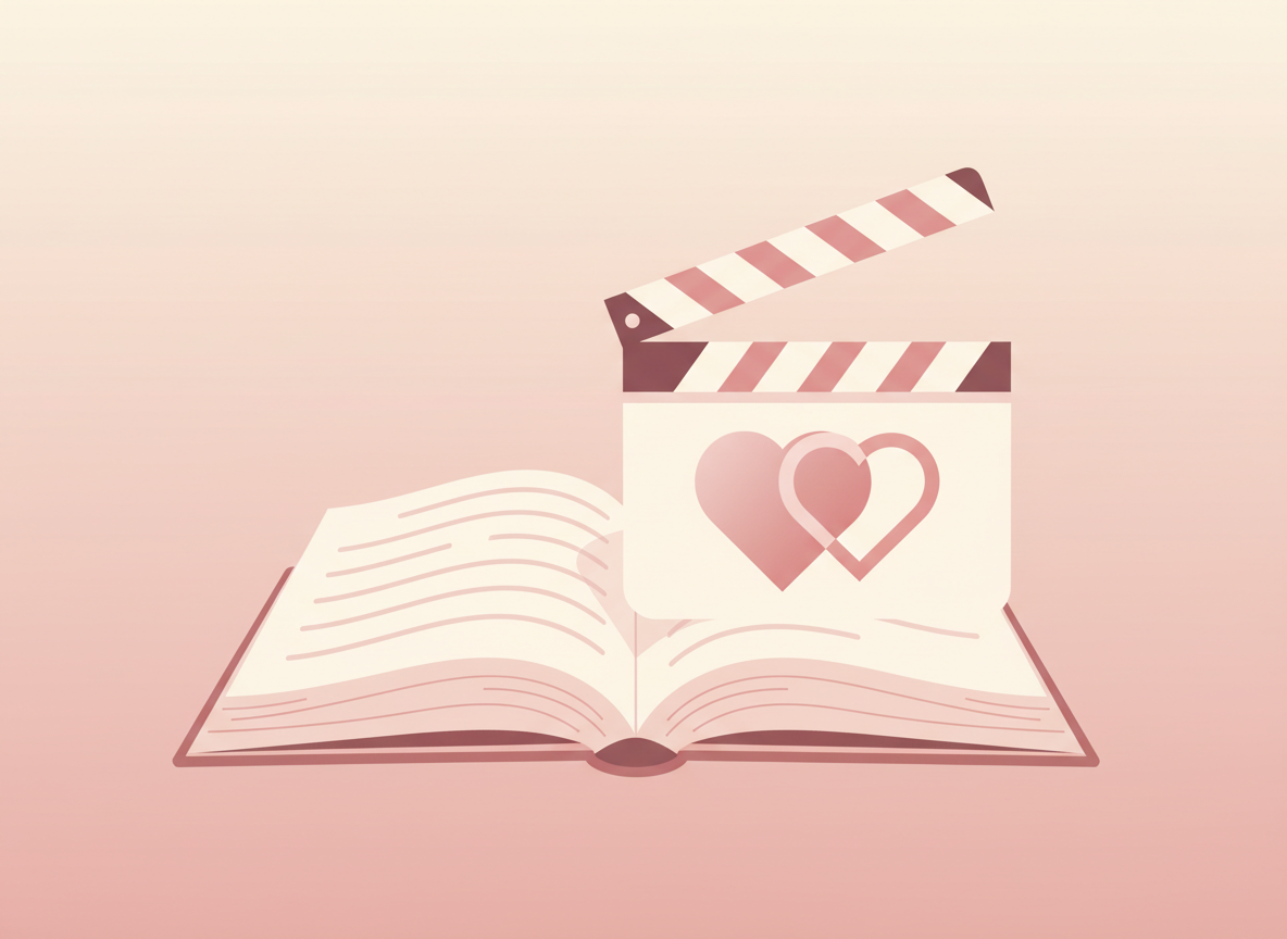 Editorial illustration for a romance book-to-screen adaptation: an open book transforming into a film clapperboard, a heart accent, clean modern flat design, soft pink and cream tones, no text, no logos, no real people