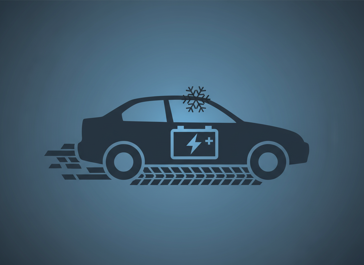 Editorial illustration for car winter prep: a car silhouette with a battery icon, a tire tread pattern, and a snowflake accent, clean modern flat design, steel blue and charcoal tones, no text, no logos, no real car brand