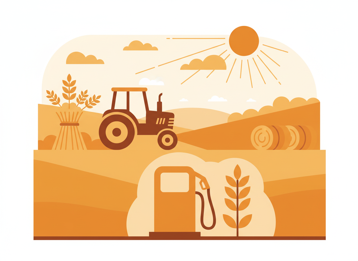 Editorial illustration of American agriculture: a tractor silhouette in a wheat field, a fuel pump icon, harvest imagery, clean modern flat design, amber and rust tones, no text, no people, no logos