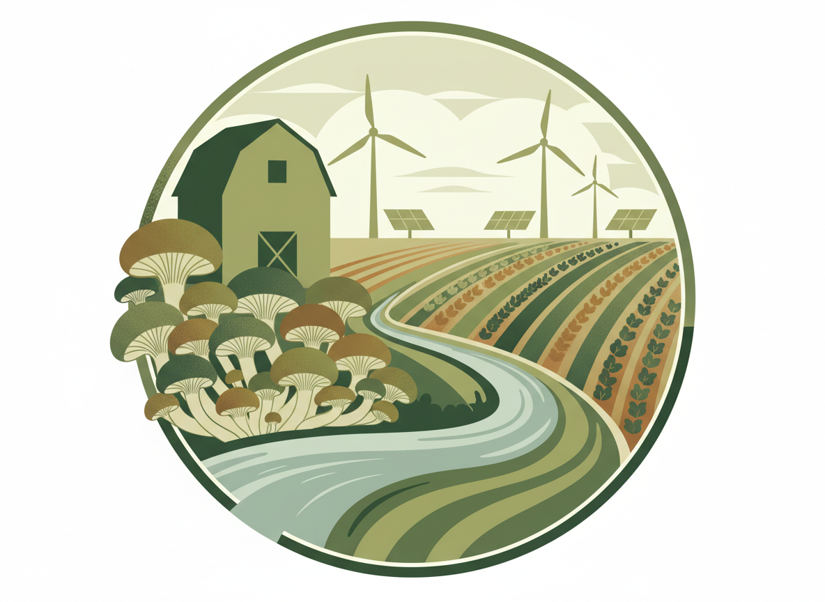 Editorial illustration of a farm transitioning to sustainable agriculture: a barn silhouette, mushroom clusters growing, a farm field, clean modern flat design, earthy green and brown tones, no text, no people, no logos