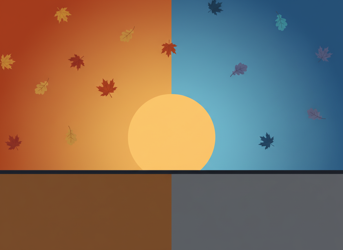 Editorial illustration of autumn equinox: sun positioned exactly over a horizon line, warm orange and cool blue split sky, falling autumn leaves, minimalist flat design, no text, no people
