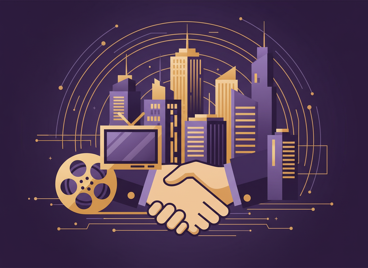 Editorial illustration representing a media and entertainment industry business deal: abstract skyscraper silhouettes, a film reel and TV screen icon, handshake symbol, clean modern flat corporate style, purple and gold tones, no text, no logos, no real people