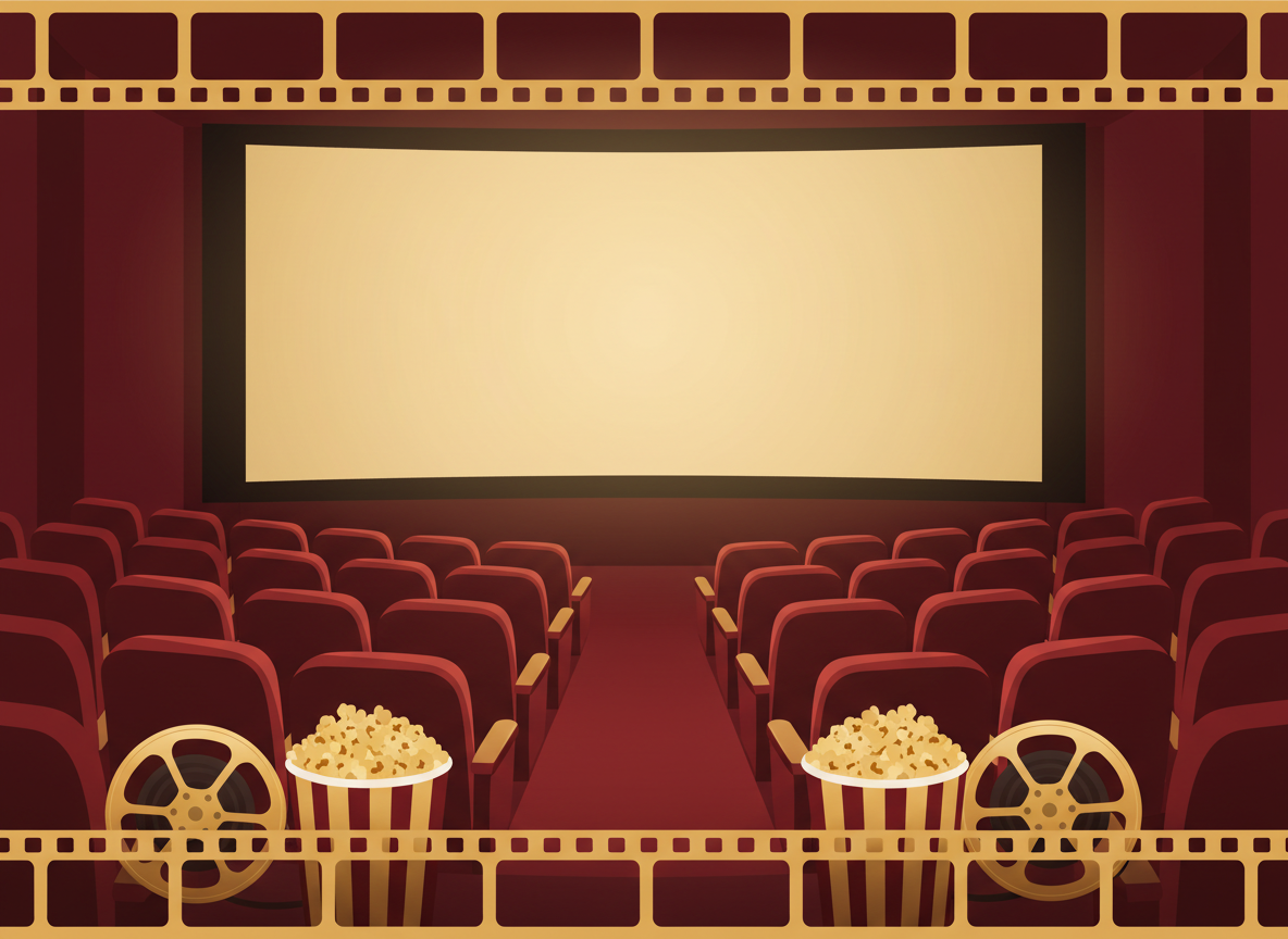 Editorial movie theater illustration: a cinema screen with rows of empty seats, a film reel icon, popcorn, clean modern flat design, deep red and gold tones, no text, no logos, no real characters or franchises