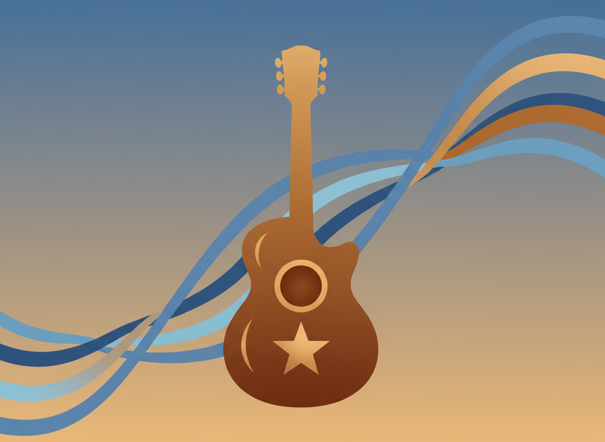 Editorial music illustration: a country music guitar silhouette, a Texas star icon, sound wave lines, clean modern flat design, warm amber and denim blue tones, no text, no logos, no real people