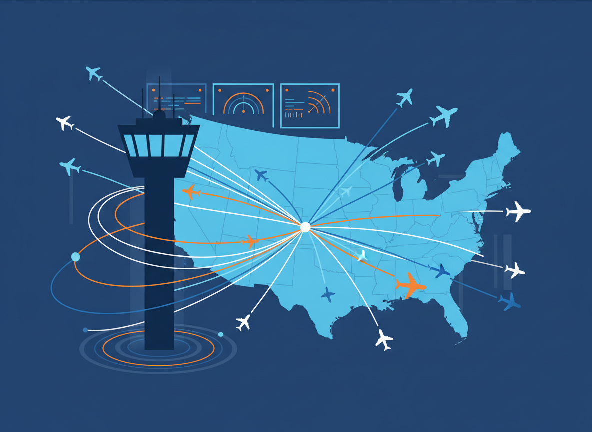 Editorial news illustration of air traffic control modernization: a control tower silhouette, radar screens, and airplanes in flight paths over the United States, clean modern flat design, blue and orange tones, no text, no logos, no real people