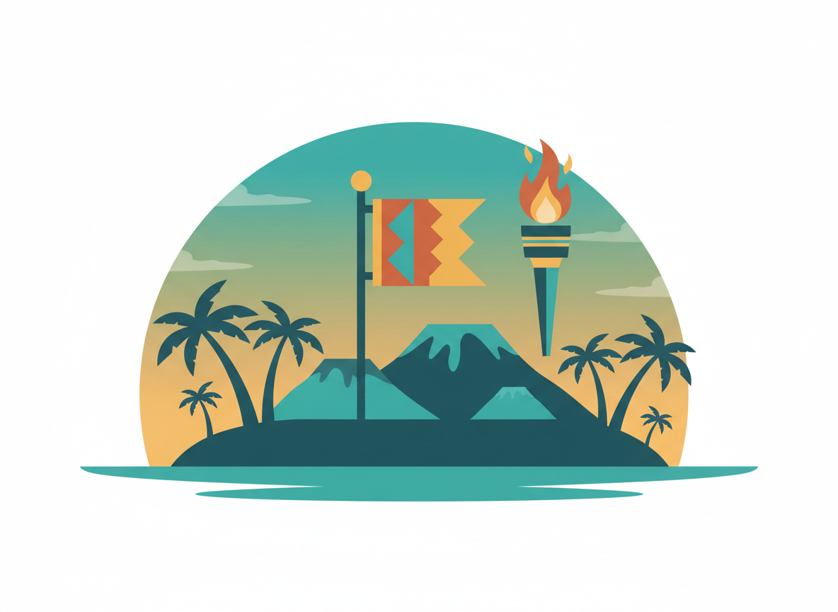 Editorial reality TV illustration: a tropical island silhouette, a tribal flag icon, a torch, clean modern flat design, teal and orange tones, no text, no logos, no real people