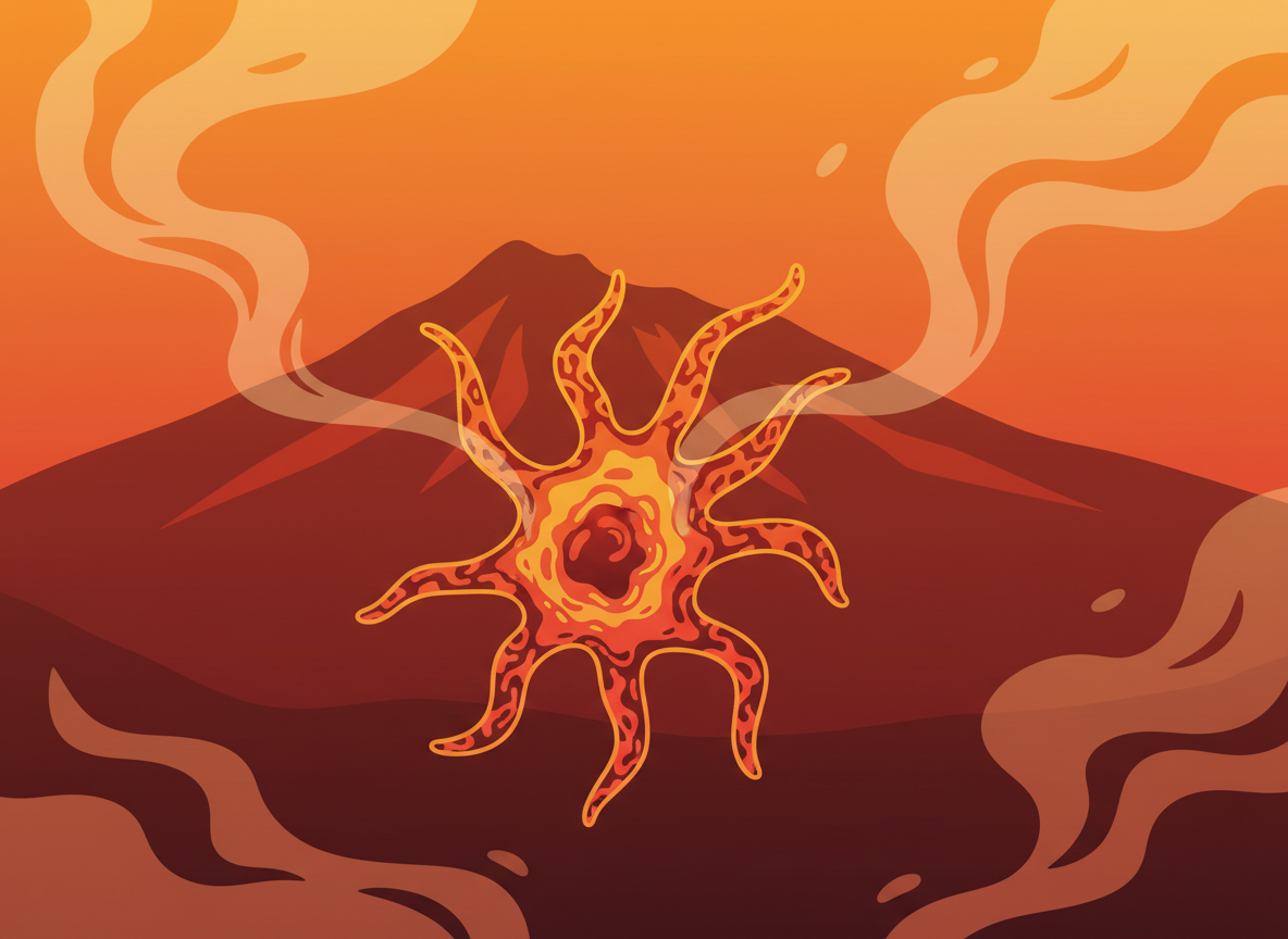 Editorial science illustration: a microscopic amoeba organism, geothermal hot spring steam, volcanic mountain silhouette, clean modern flat design, fiery orange and deep red tones, no text, no people, no logos