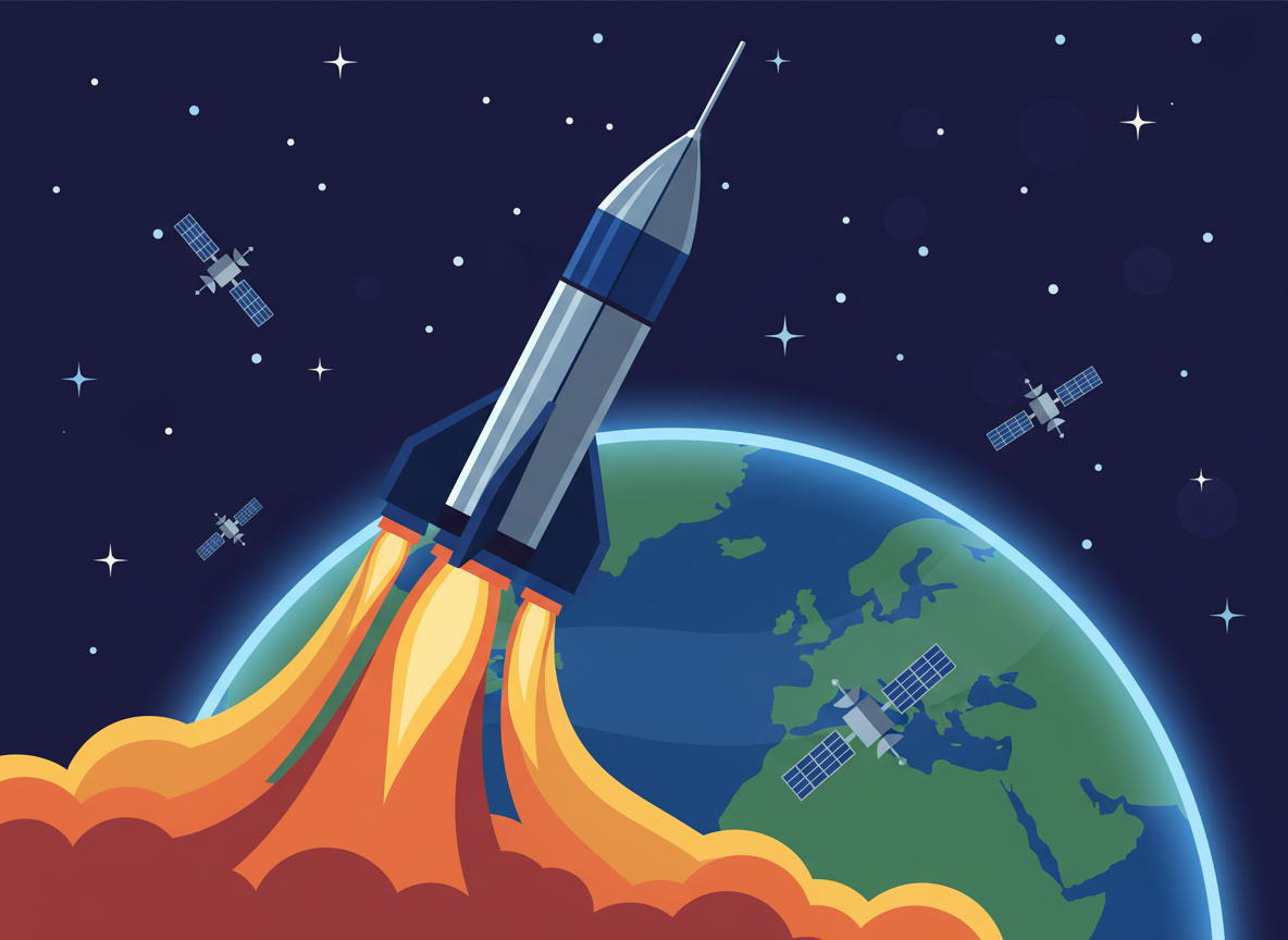 Editorial space illustration: a massive rocket launching with fire and smoke trails, Earth curvature and stars in background, satellites in orbit, clean modern flat design, deep space blue and orange tones, no text, no real spacecraft branding, no logos, no people