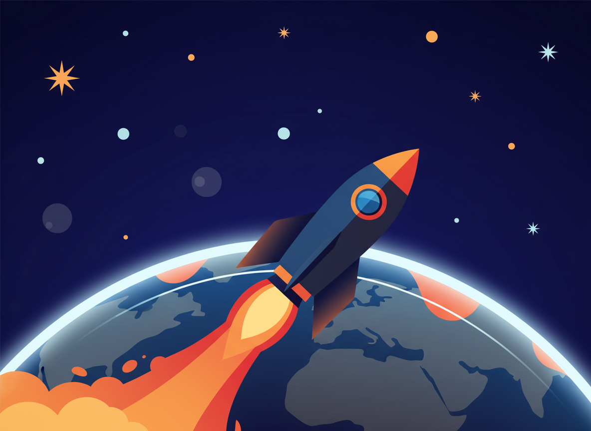 Editorial space illustration: a rocket launching, stars, Earth curvature in the background, clean modern flat design, deep blue and orange tones, no text, no people, no logos, no real spacecraft brand markings