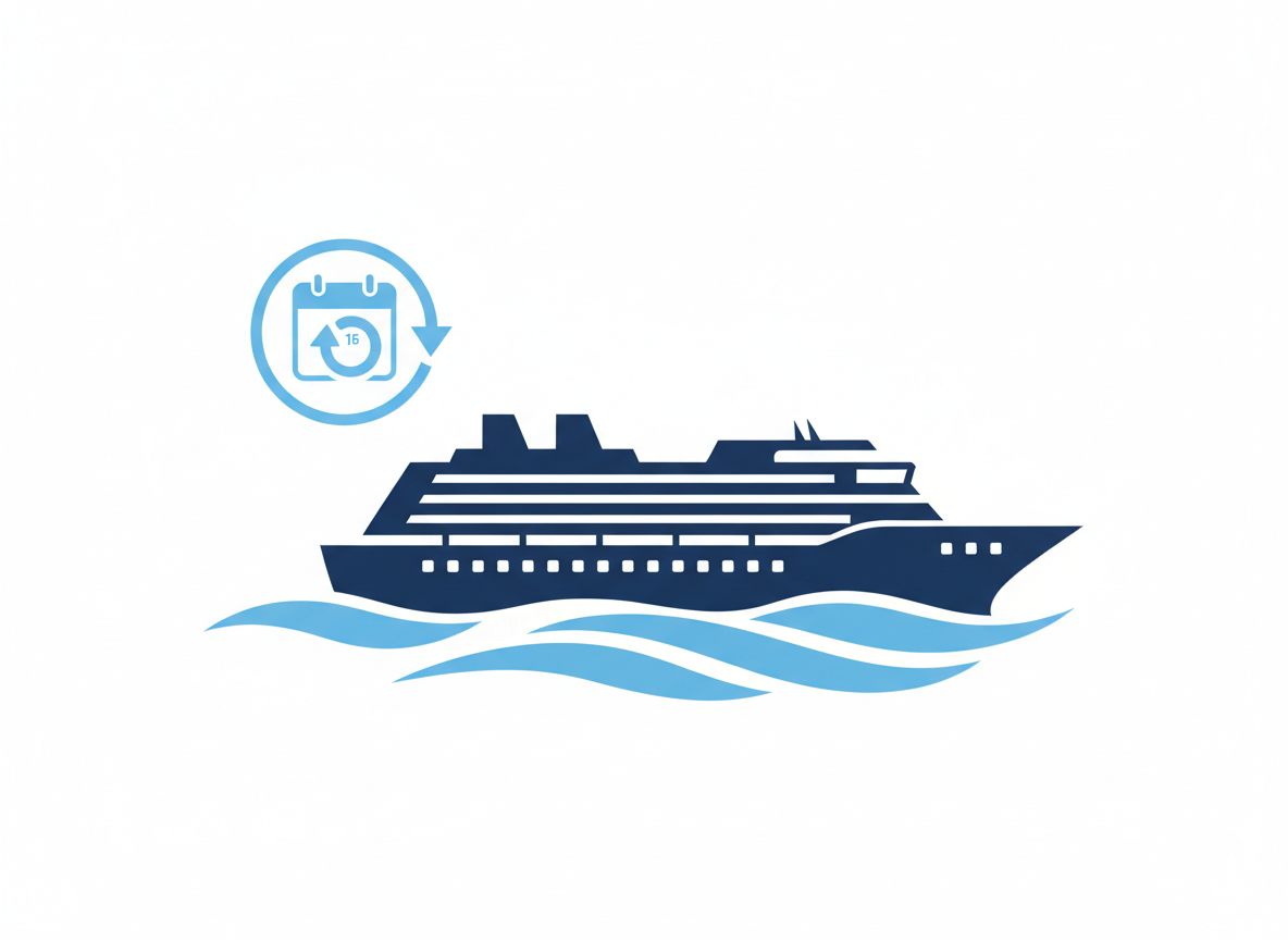 Editorial travel illustration: a cruise ship silhouette on ocean waves, a calendar icon with a change arrow, clean modern flat design, ocean blue and white tones, no text, no logos, no real cruise line branding