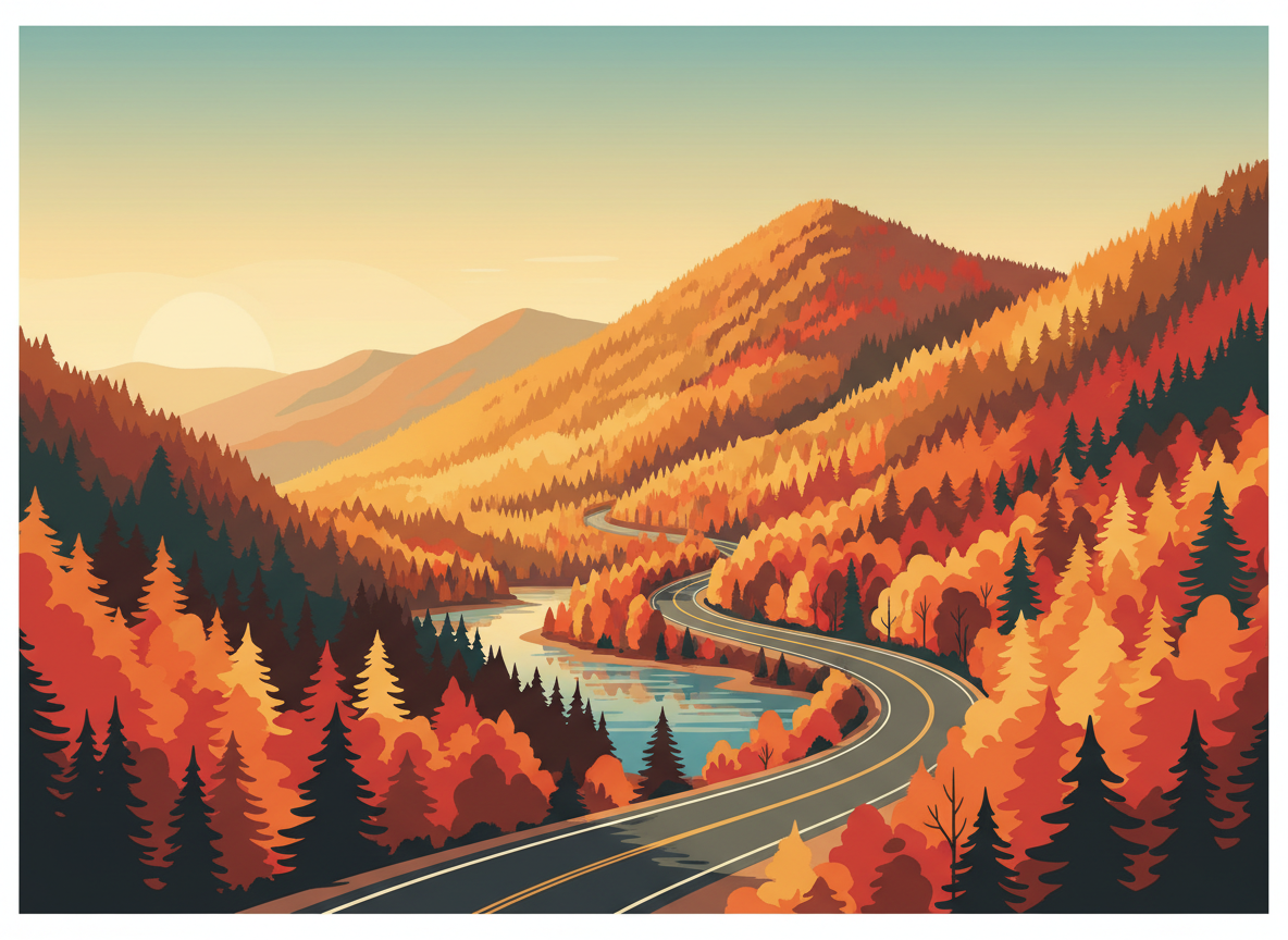 Editorial travel illustration: a winding road through mountains with colorful autumn foliage, trees in red orange and yellow, clean flat travel poster style, warm autumn palette, no text, no people, no logos