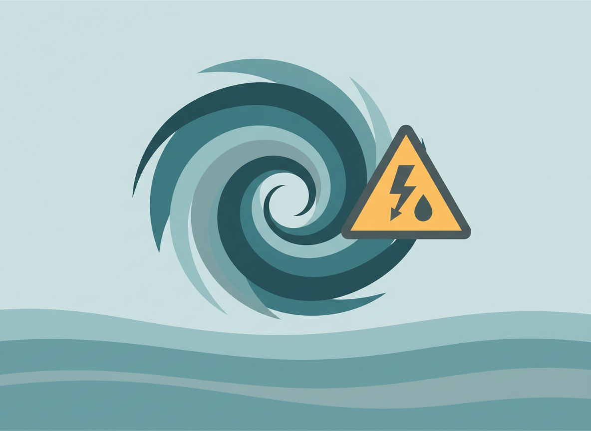 Editorial weather illustration: a tropical storm swirl symbol over an ocean, calm skies fading to a warning icon, clean modern flat design, teal and gray tones, no text, no real map, no logos