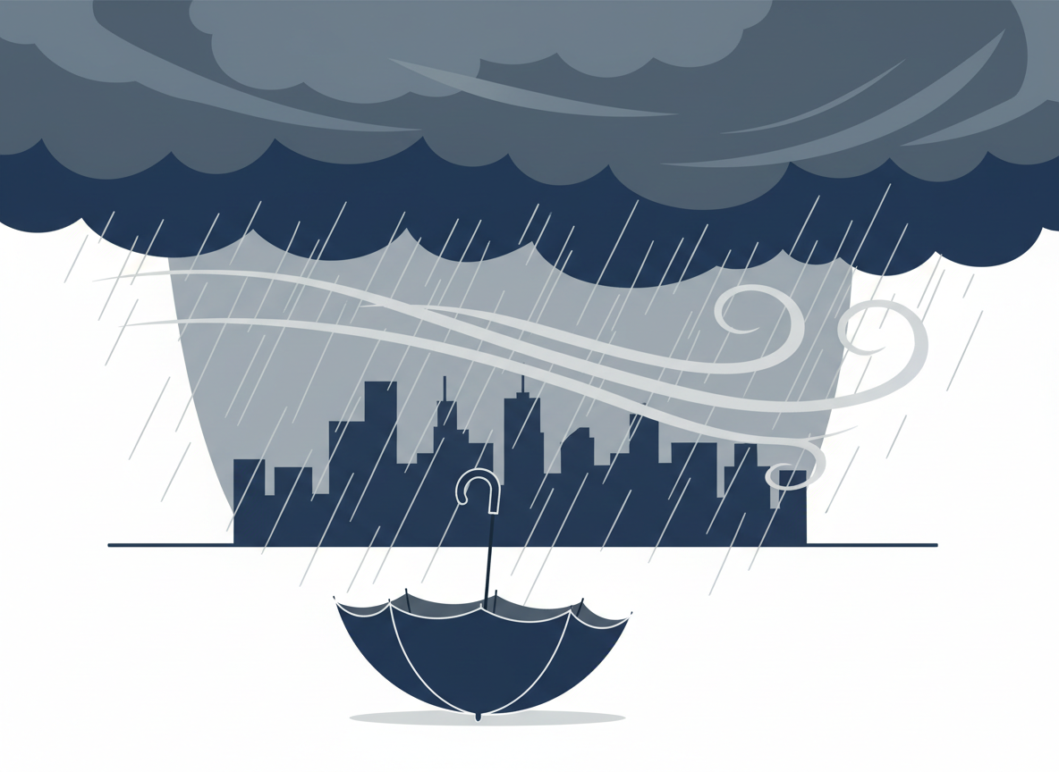 Editorial weather illustration: heavy rain clouds over a city skyline silhouette, wind gust lines, an umbrella turned inside out, clean modern flat design, slate gray and navy tones, no text, no logos, no people