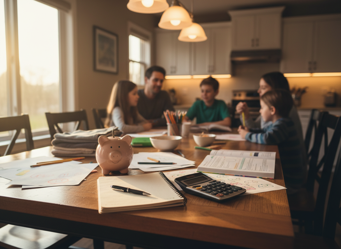 Family kitchen table with a budget notebook and piggy bank