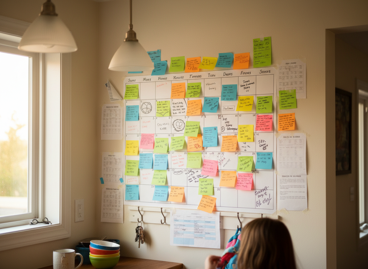 Family calendar on a kitchen wall covered in sticky notes