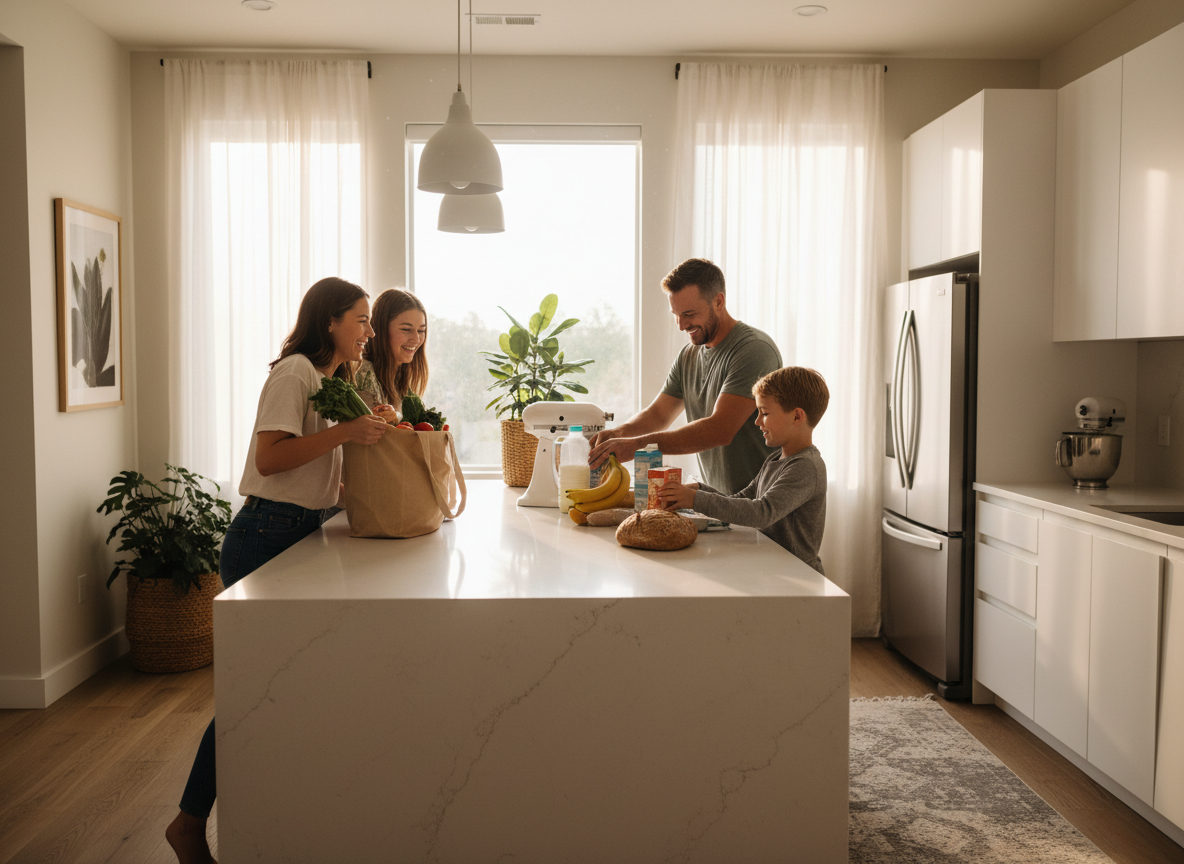 Family unloading groceries in a bright kitchen